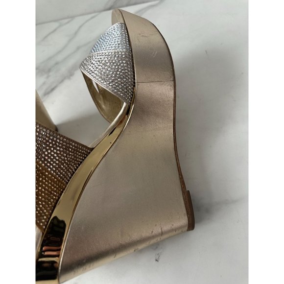 RENE CAOVILLA Gold Leather Swarovski Crystal Strass Platform Wedges Size 40 - Picture 9 of 10